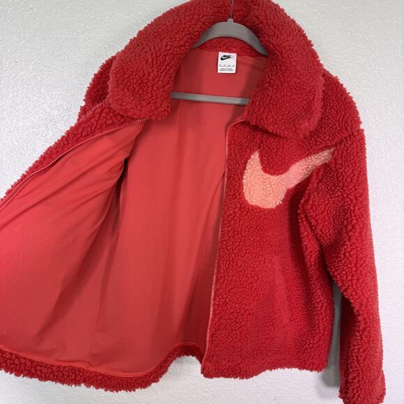 Nike Sherpa Fleece Jacket Womens XS Swoosh Logo Zip Up Teddy Bomber Cozy Pink - Picture 7 of 10